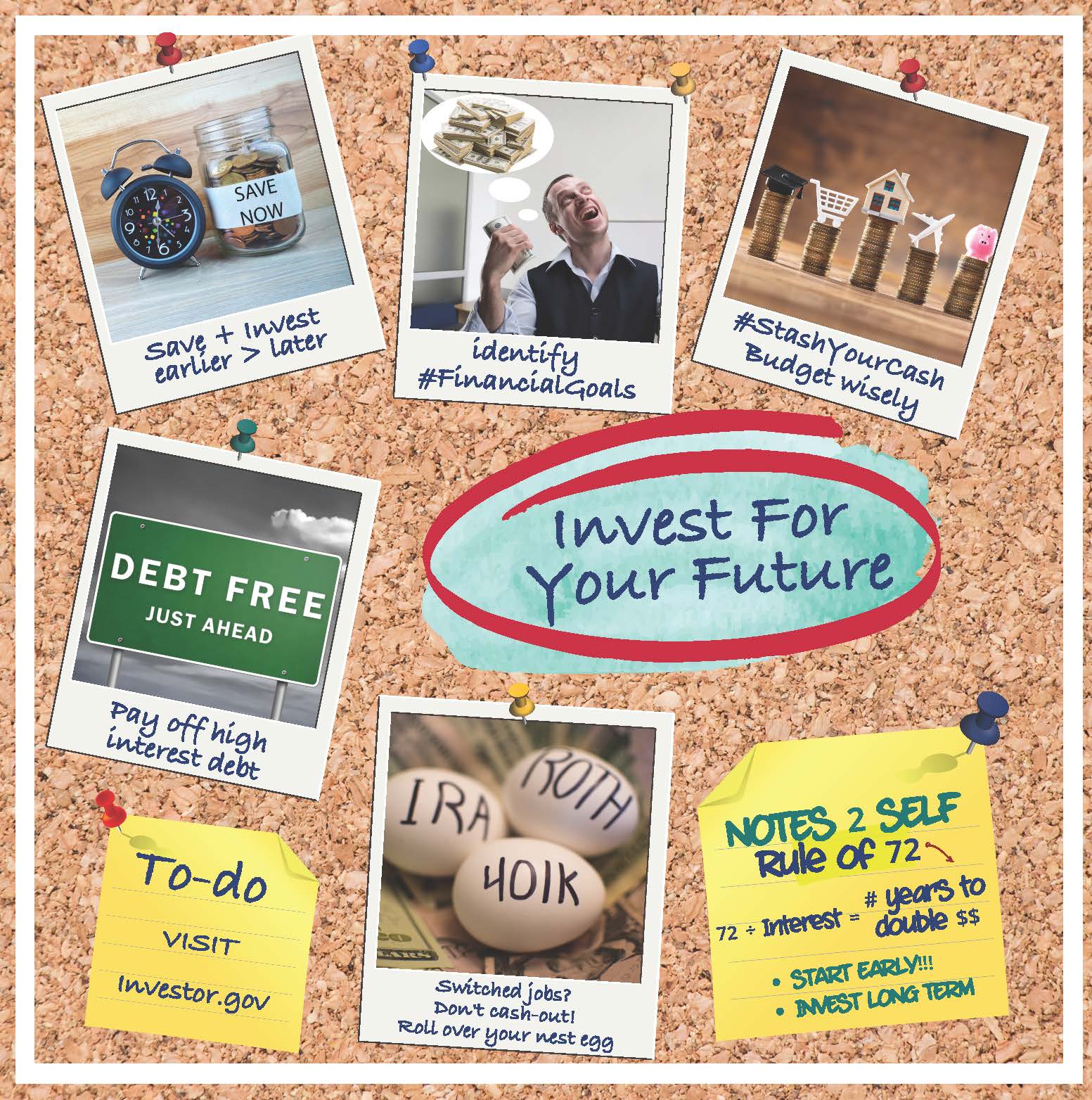 Picture of a vision board with invest in your future in the middle surrounded by other pictures captioned "Save + Invest", stash your cash, pay off high interest debt, rollover nest egg from previous job. 