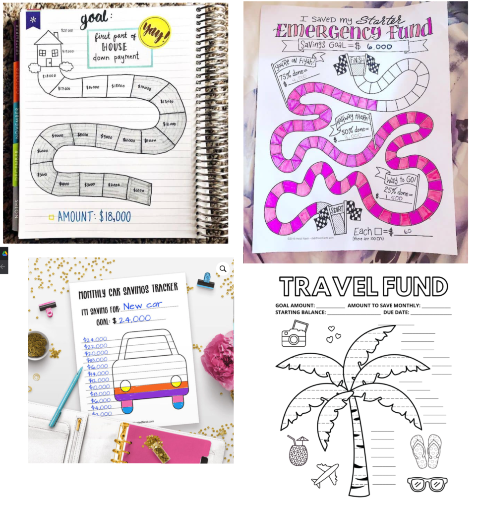 Examples of saving tracker documents. Top left: Saving for a home down payment with $2000 walkway segments, Top right: Saving for an emergency fund with $60 increments from start to finish, bottom left: picture of a car with saving lines, bottom right: travel fund with picture of tropical tree, sandels, and travel related icons