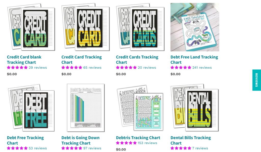 Screenshot of debtfreecharts.com free templates including credit card payoff tracking, and debt free countdown printables.